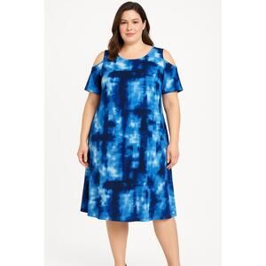 Susan Graver Dress Womens 1X Blue White Cold Shoulder Abstract Print Modern Chic